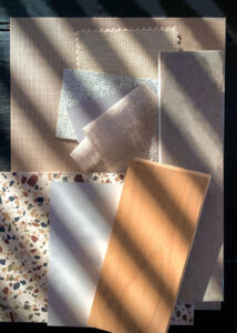 Ontwerper n het werk. Kleurstalen en mood. casa vinkevenos. linen, granito, terrazzo