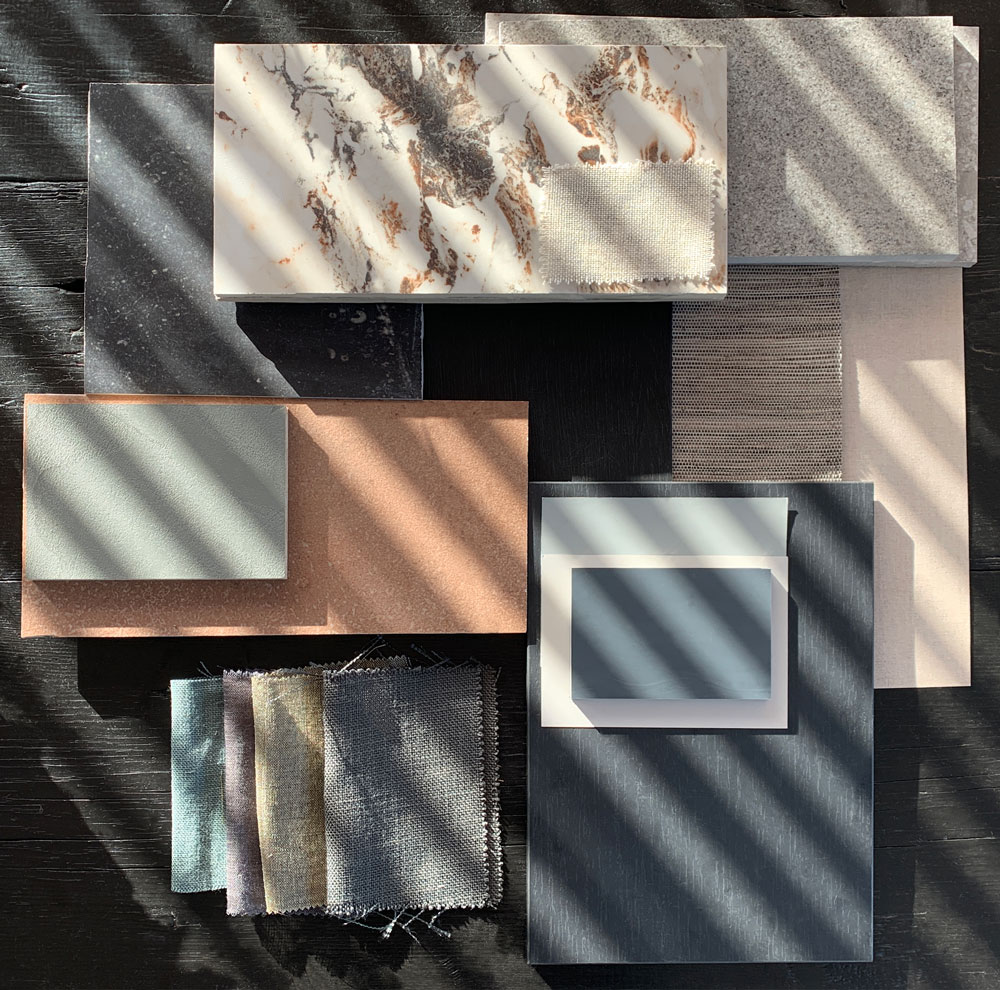 kleurstalen, tegel samples, behang, stoffen moodboard